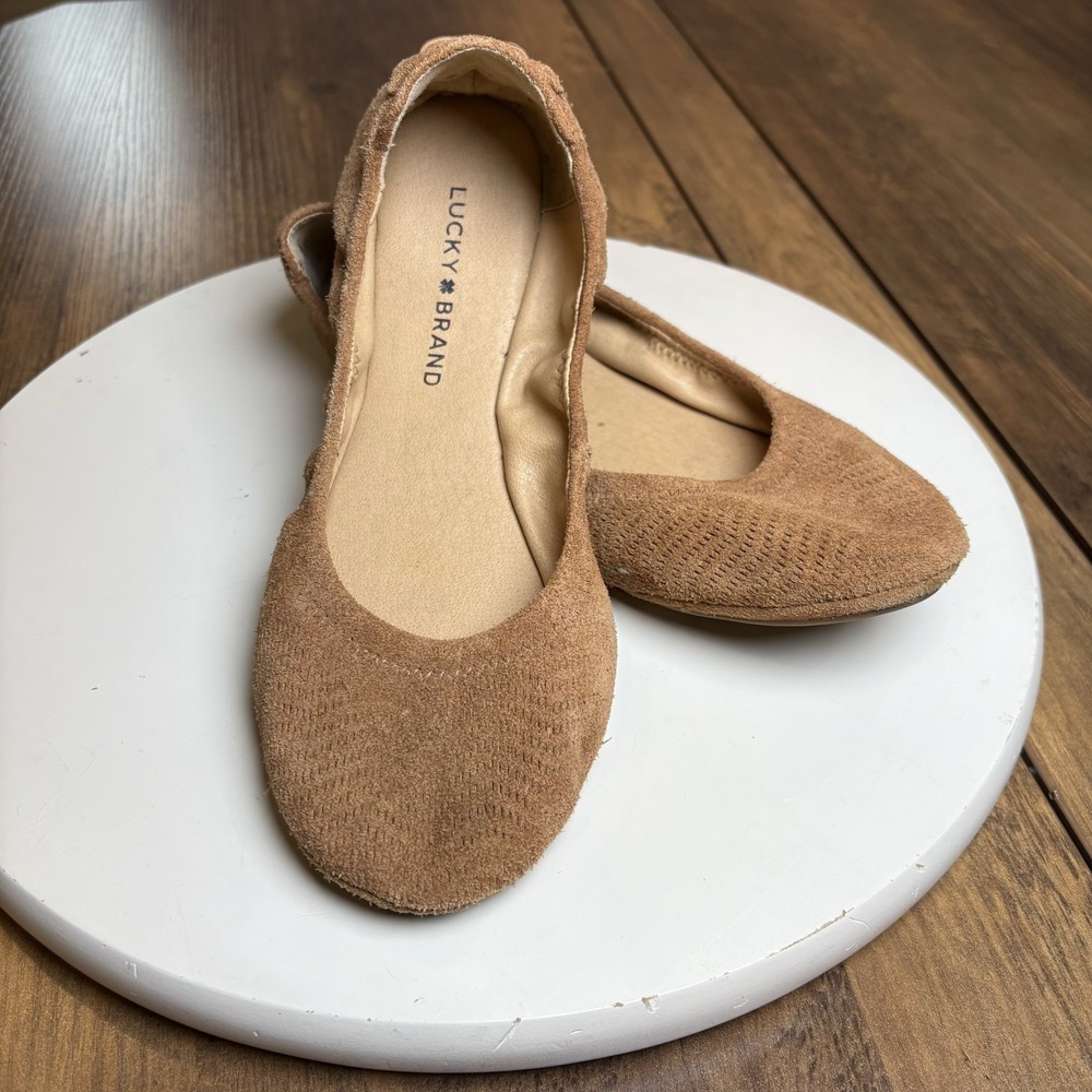 Lucky Brand Womens 8.5 Brown Ballet Flats Boho Chic Suede Leather Lace Up Heel
